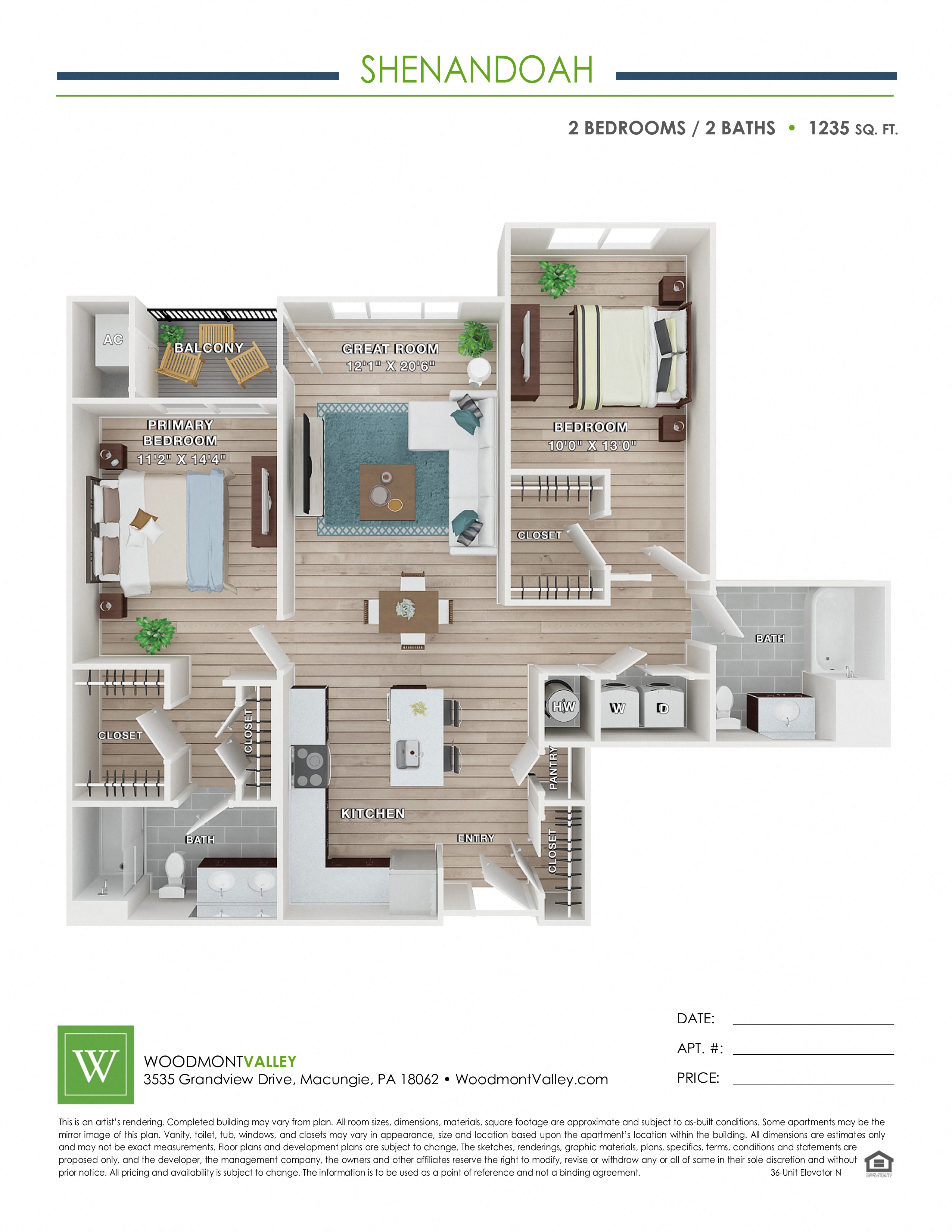 Floor plan for 2 beds, 2 baths, 1235 sqft